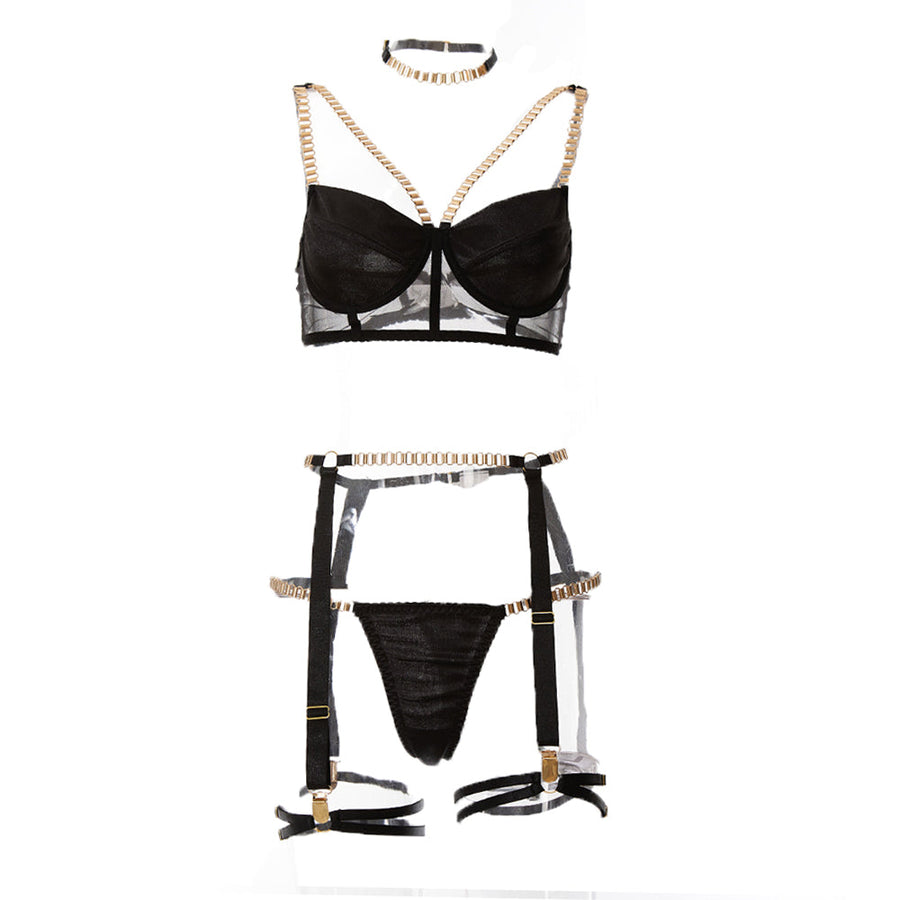 Women Lingerie Set with Garter Belts Satin Bra and Panty 3 Piece Chain Underwear