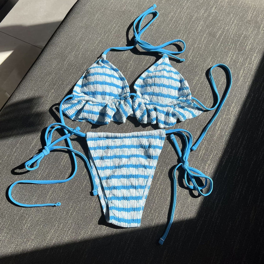 Women's 3 Piece Bikini Set Striped Swimsuit Halter Tie Side Triangle Bikini and Cover Up Beach Skirt