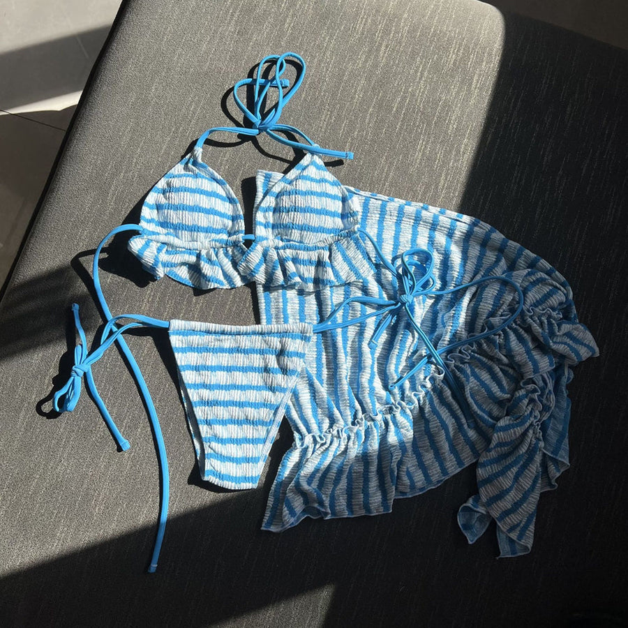 Women's 3 Piece Bikini Set Striped Swimsuit Halter Tie Side Triangle Bikini and Cover Up Beach Skirt