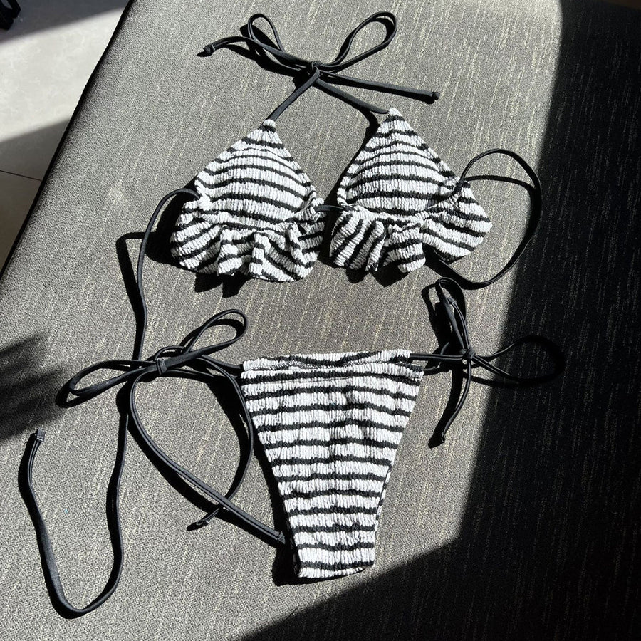 Women's 3 Piece Bikini Set Striped Swimsuit Halter Tie Side Triangle Bikini and Cover Up Beach Skirt