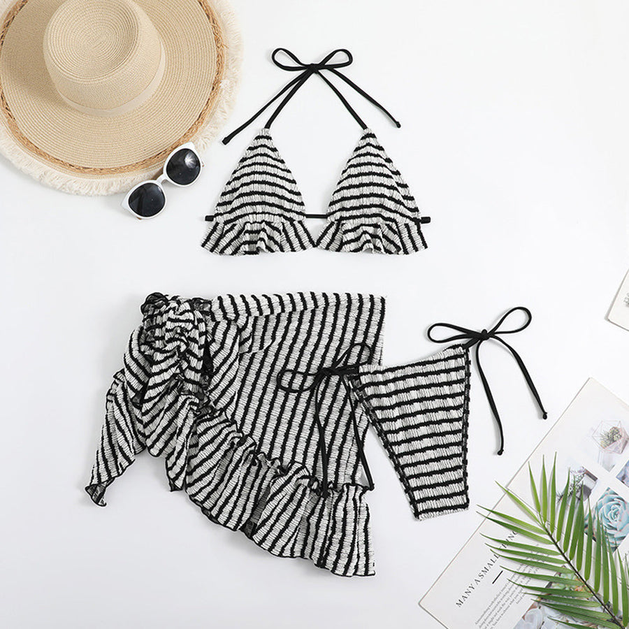 Women's 3 Piece Bikini Set Striped Swimsuit Halter Tie Side Triangle Bikini and Cover Up Beach Skirt
