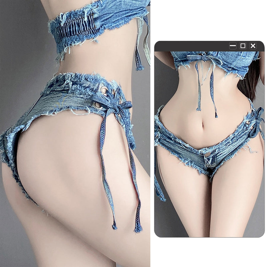 Yomorio 2 Piece Denim Club Outfit Distressed Denim Lace Up Crop Top and Shorts