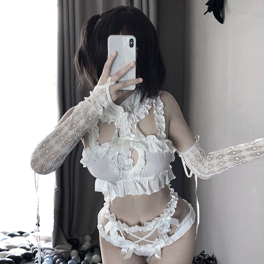 Yomorio Sexy Cosplay Lingerie Set Kawaii Anime Lolita Underwear Ruffle Heart Hollow Out Costume