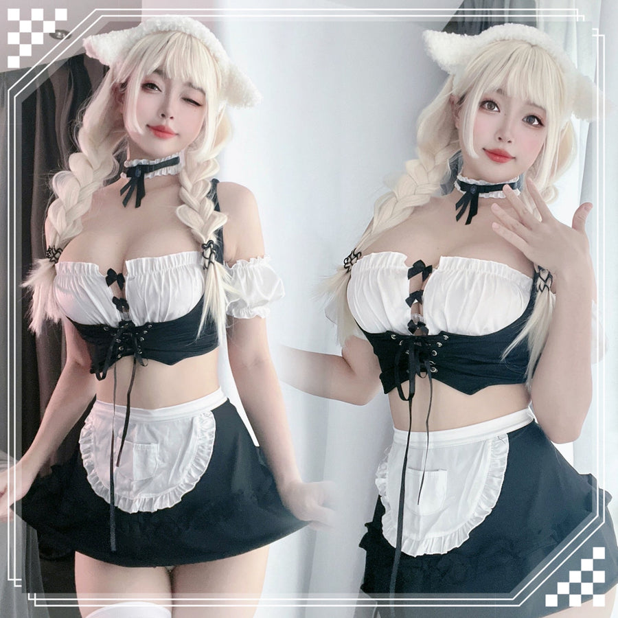 Sexy Maid Costume Anime Maid Cosplay Outfits 3 Piece Apron Lingerie Set