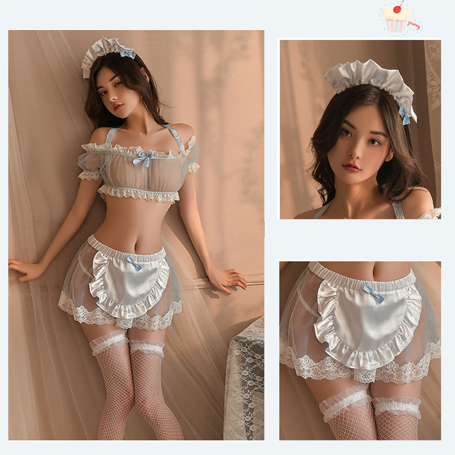 Yomorio Sexy Maid Lingerie Set Sheer Exotic Maid Costume 3 Pieces Role Play Apron Set