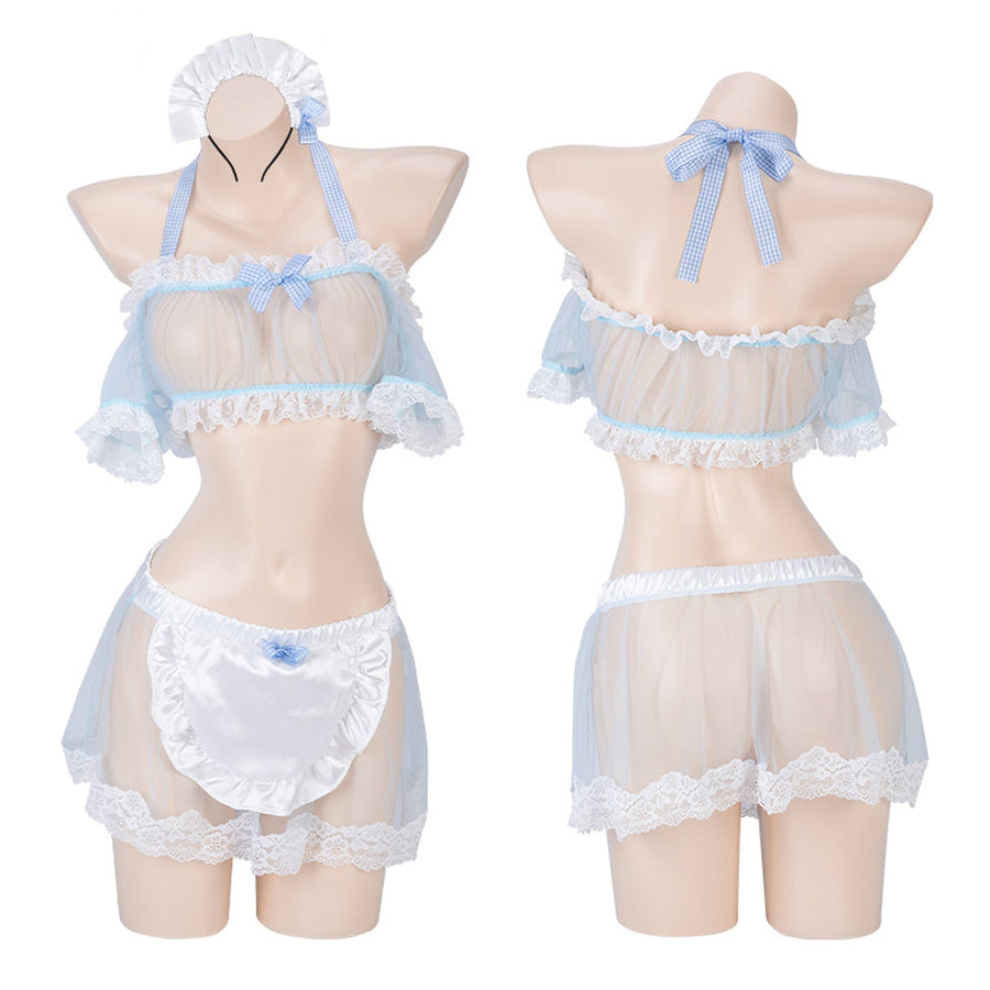 Yomorio Sexy Maid Lingerie Set Sheer Exotic Maid Costume 3 Pieces Role Play Apron Set