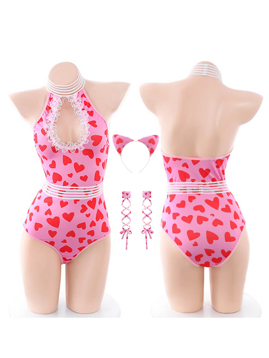 Yomorio Anime Neko Cat Lingerie Set Cutout Kitten Cosplay Costume Halter Neck Heart Print Bodysuit