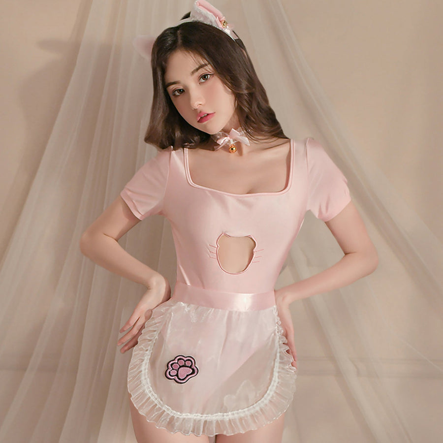 Yomorio Anime Neko Maid Lingerie Set Kawaii Kitten Cat Cosplay Costume Pink Open Crotch Bodysuit