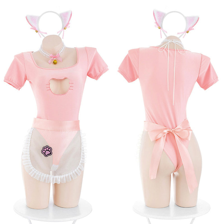 Yomorio Anime Neko Maid Lingerie Set Kawaii Kitten Cat Cosplay Costume Pink Open Crotch Bodysuit