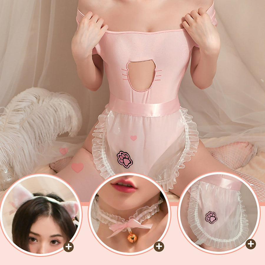 Yomorio Anime Neko Maid Lingerie Set Kawaii Kitten Cat Cosplay Costume Pink Open Crotch Bodysuit