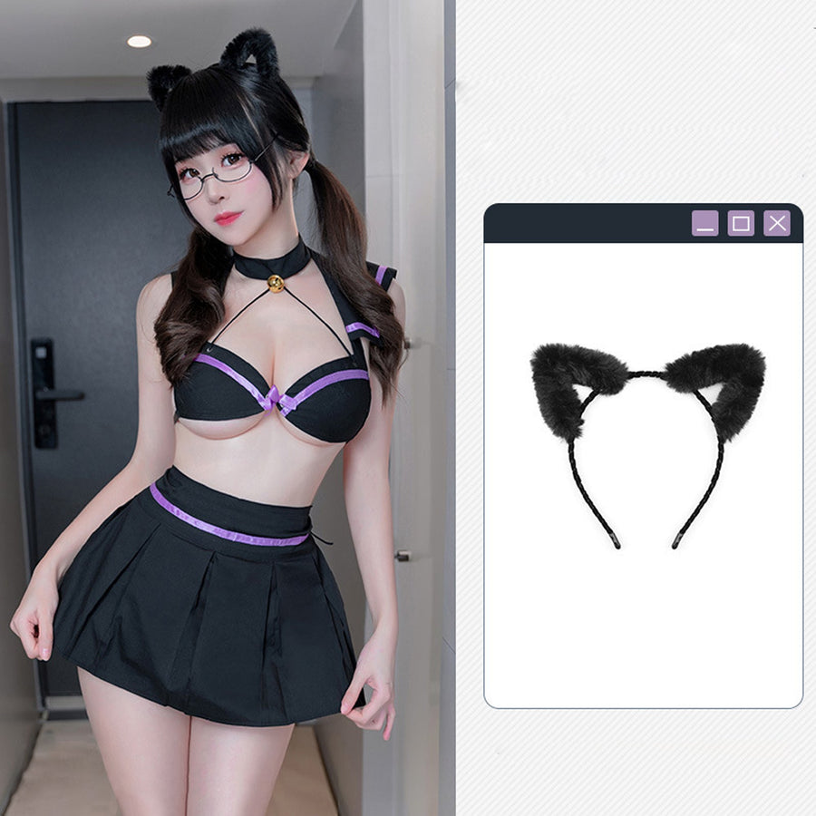 Yomorio Cat Lingerie Set Cute Preppy Anime Cosplay Costume Halter Bra and Slit Pleated Skirt