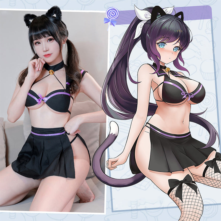 Yomorio Cat Lingerie Set Cute Preppy Anime Cosplay Costume Halter Bra and Slit Pleated Skirt