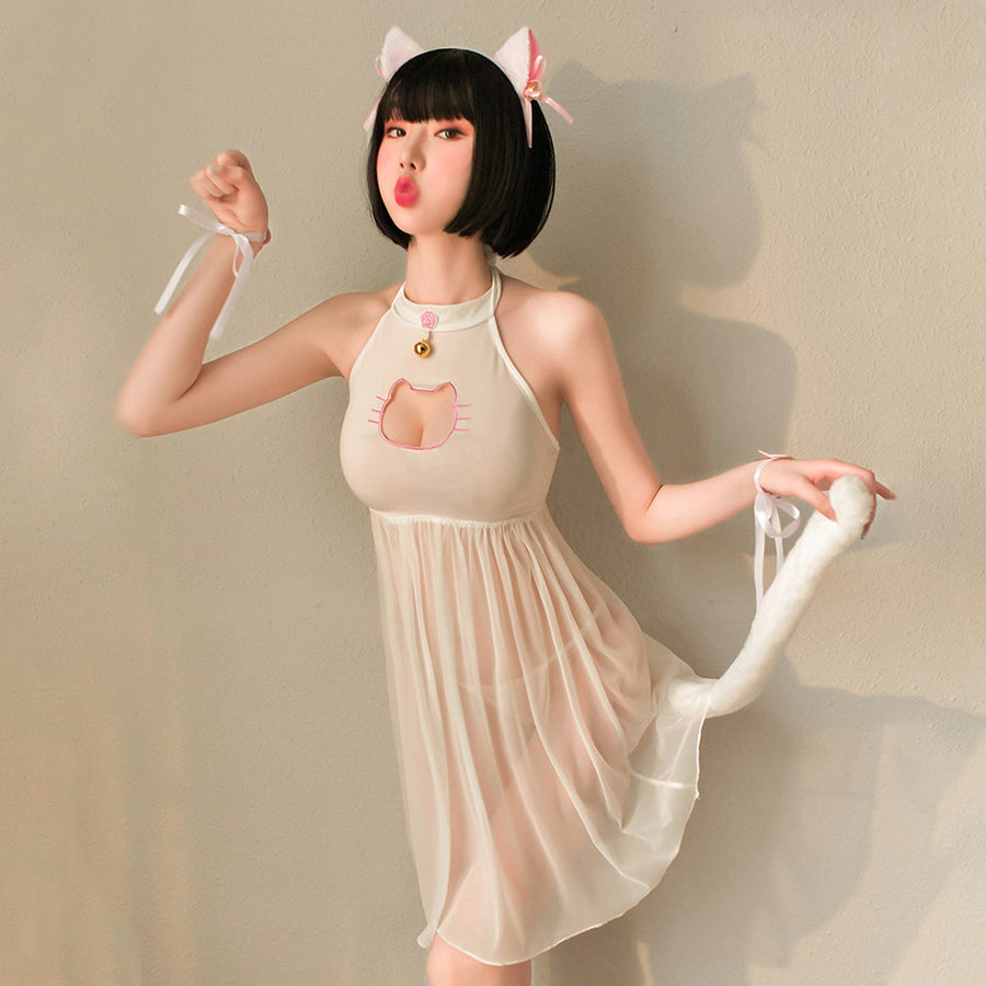 Yomorio Cat Lingerie Set Japanese Animal Cosplay Costume Sheer Mesh Badydoll Dress