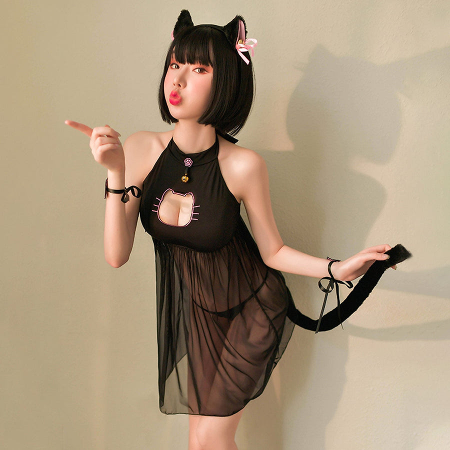 Yomorio Cat Lingerie Set Japanese Animal Cosplay Costume Sheer Mesh Badydoll Dress