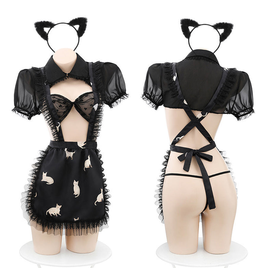 Yomorio Cat Maid Outfit See Through Maid Cosplay Lingerie Short Sleeve Shrug Suspenders Apron Skirt