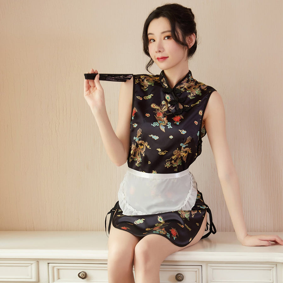 Sexy Maid Costume Exotic Maid Dress Chinese Split Dress with Maid Apron
