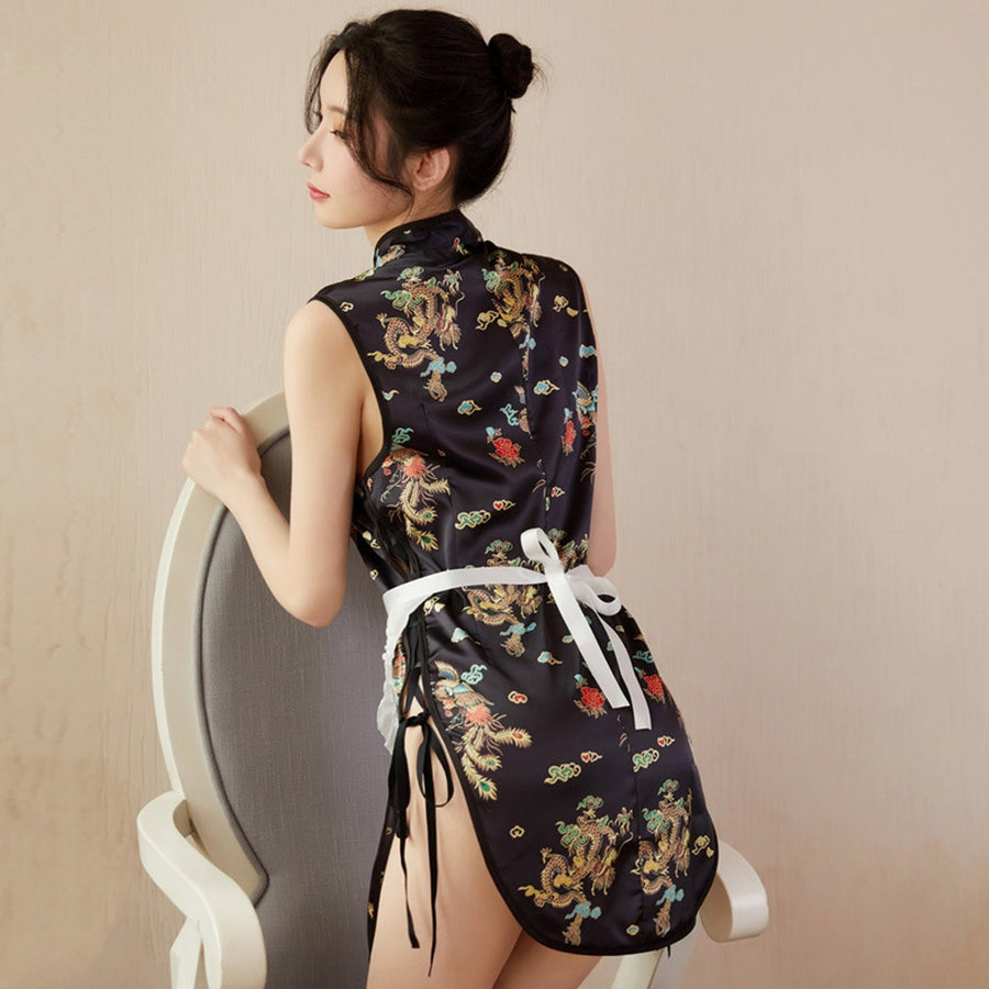 Sexy Maid Costume Exotic Maid Dress Chinese Split Dress with Maid Apron