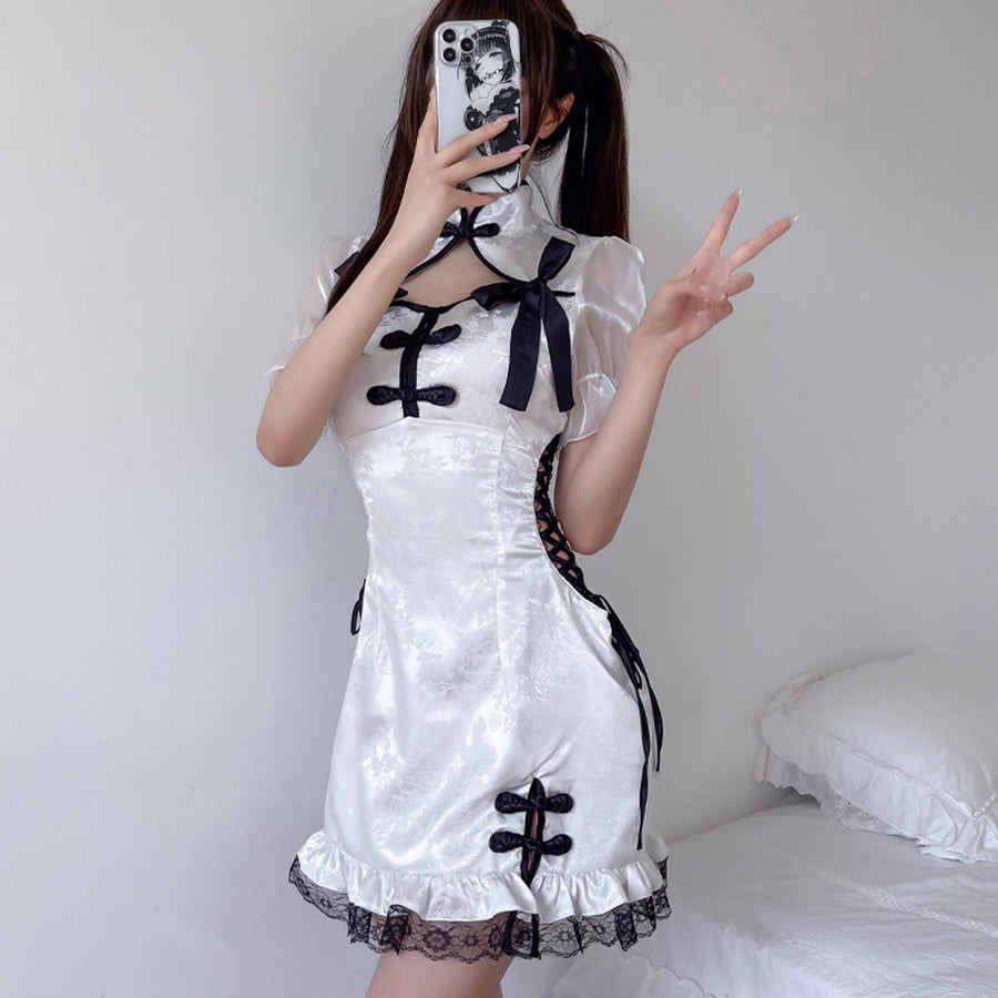 Yomorio Chinese Cheongsam Babydoll Dress Side Lace-Up White Qipao Dress