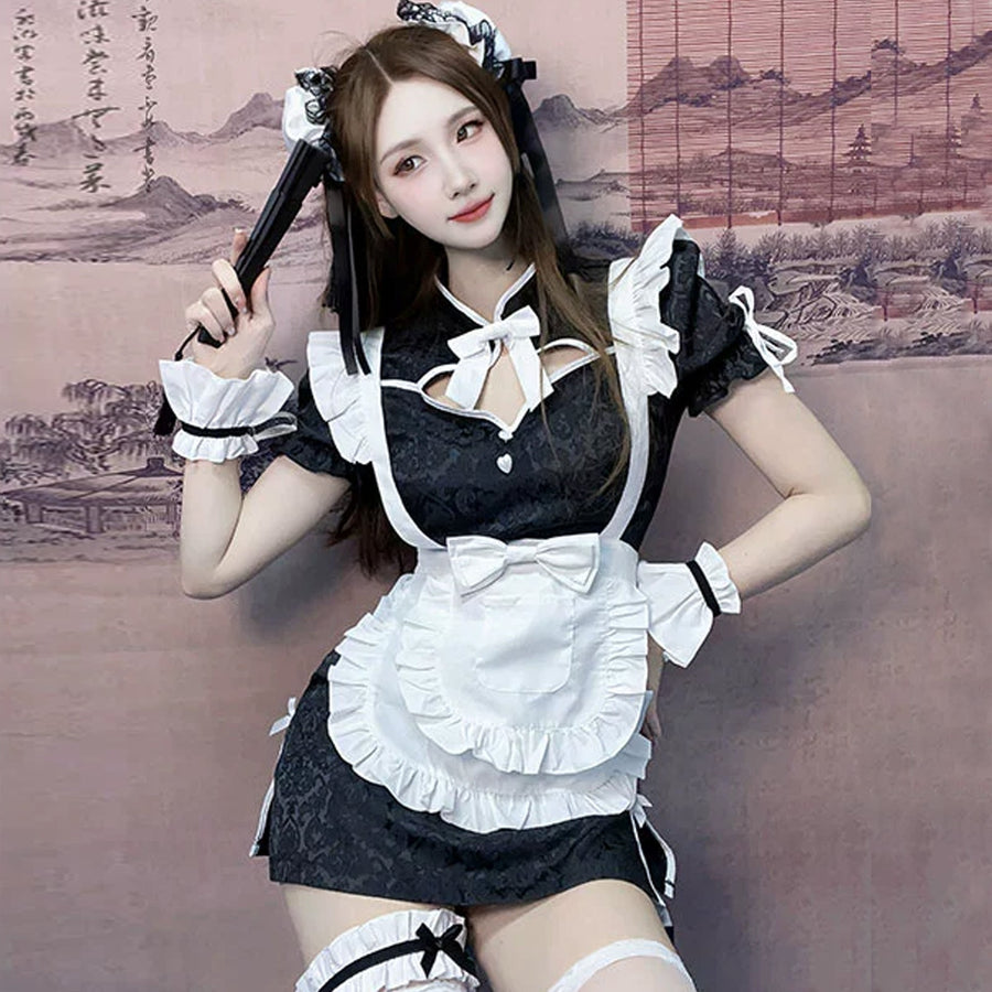 Yomorio Chinese Maid Lingerie Set Anime Lolita High Slit Cheongsam Dress with Apron