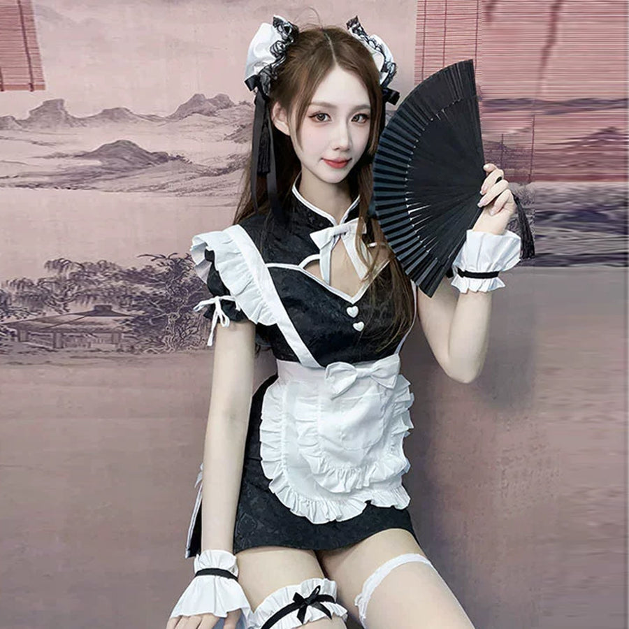 Yomorio Chinese Maid Lingerie Set Anime Lolita High Slit Cheongsam Dress with Apron