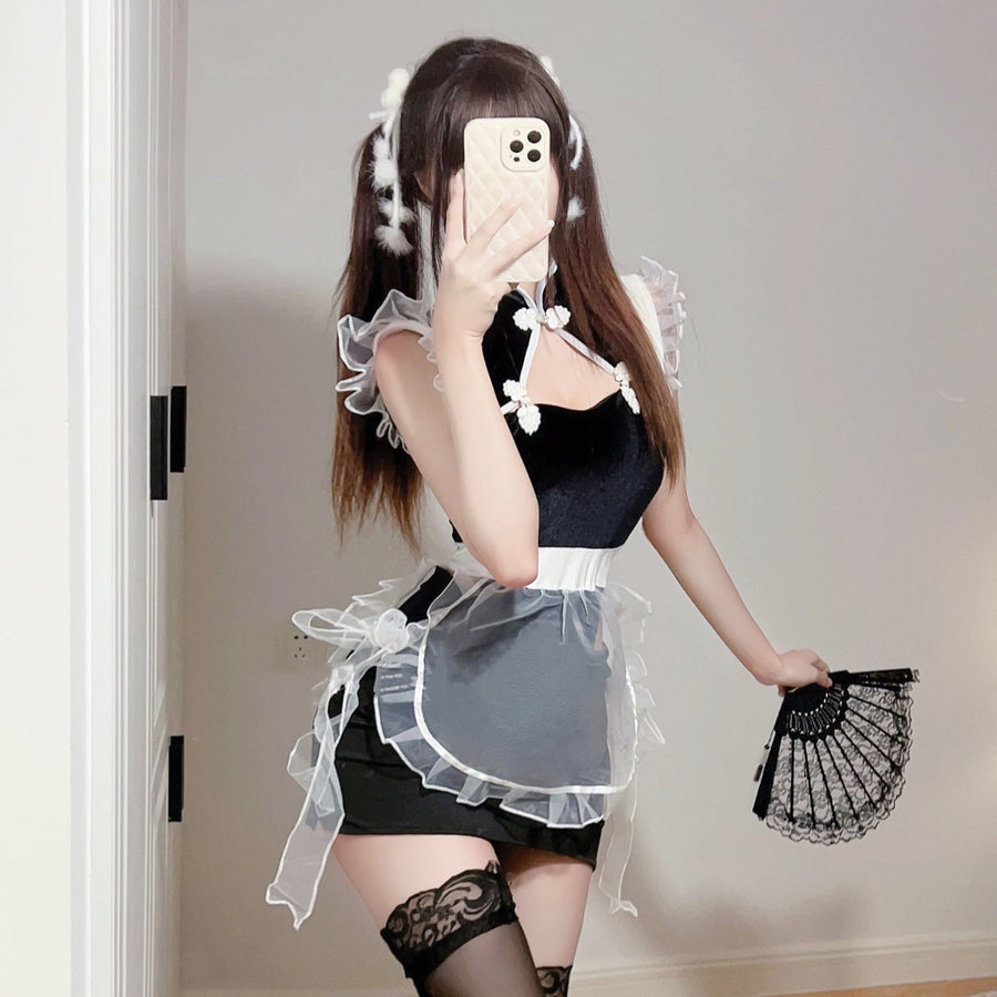 Yomorio Chinese Maid Lingerie Set Sexy Hollow Out Anime Bodysuit with Mesh Apron