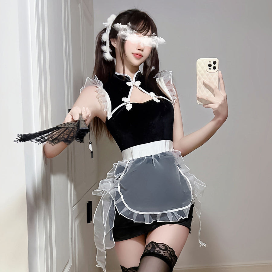 Yomorio Chinese Maid Lingerie Set Sexy Hollow Out Anime Bodysuit with Mesh Apron