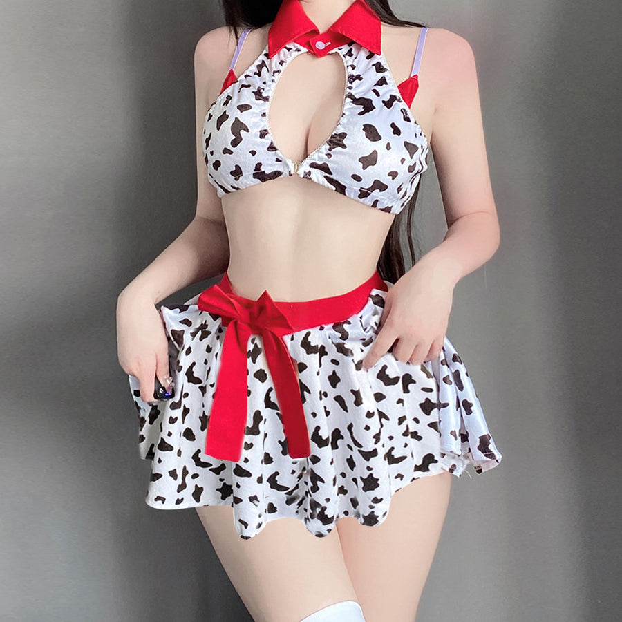 Yomorio Cow Cosplay Costumes Anime Cow Print Lingerie Halter Crop Top and Mini Skirt Set