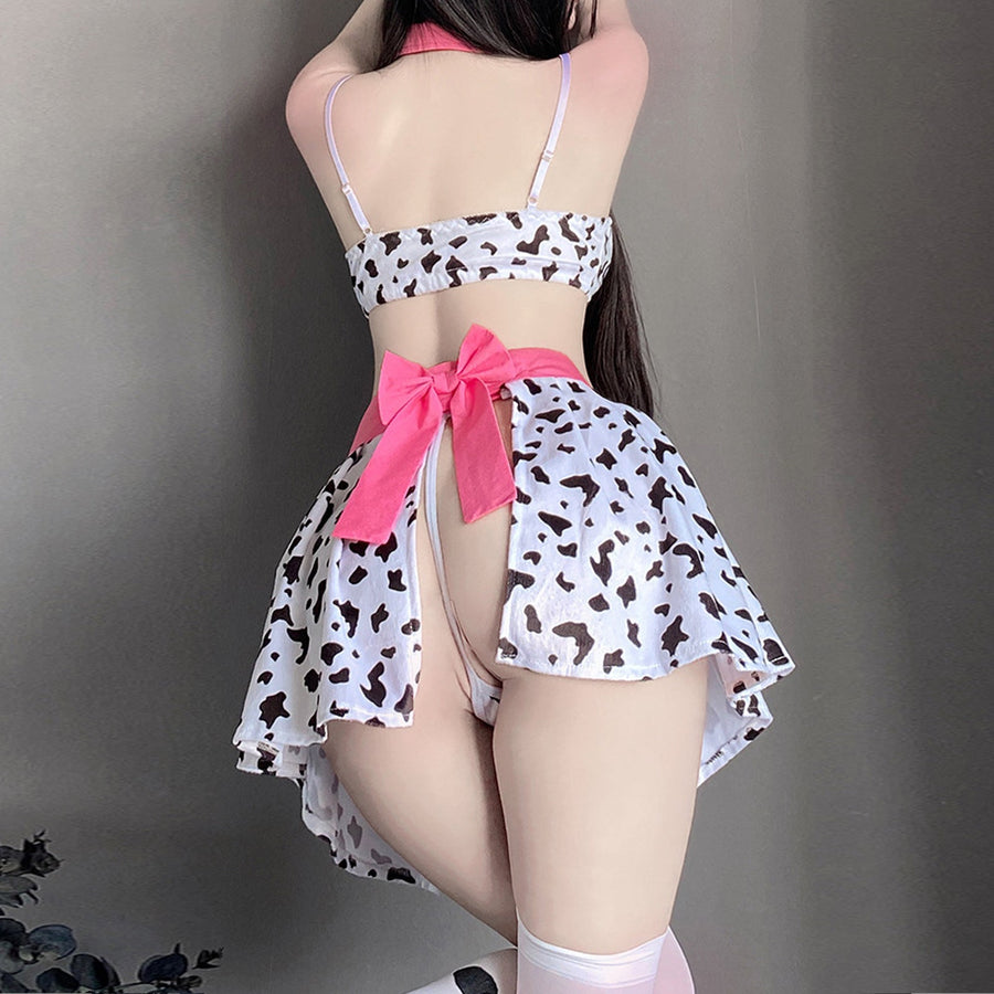 Yomorio Cow Cosplay Costumes Anime Cow Print Lingerie Halter Crop Top and Mini Skirt Set