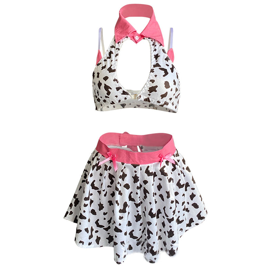 Yomorio Cow Cosplay Costumes Anime Cow Print Lingerie Halter Crop Top and Mini Skirt Set