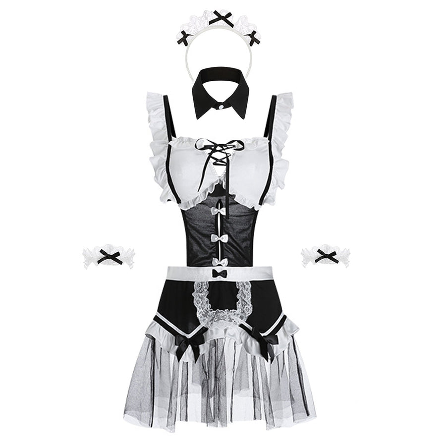 Yomorio French Maid Lingerie Set Sexy Cut Out Mesh Maid Cosplay Costume