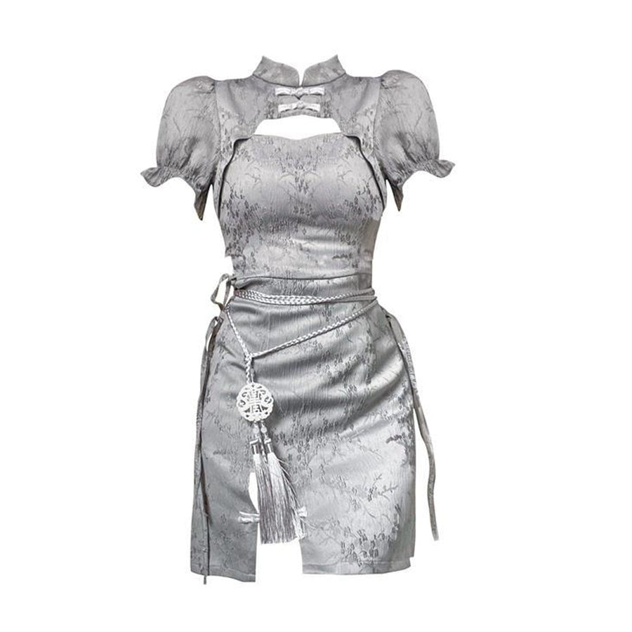 Yomorio Grey Chinese Dresses Cut Out Short Sleeve Slim Fit Cheogsam Dress