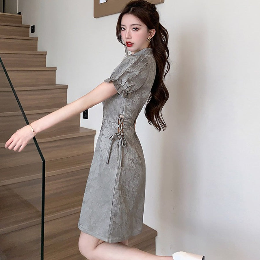 Yomorio Grey Chinese Dresses Cut Out Short Sleeve Slim Fit Cheogsam Dress