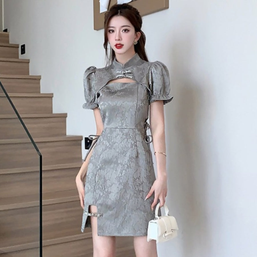 Yomorio Grey Chinese Dresses Cut Out Short Sleeve Slim Fit Cheogsam Dress