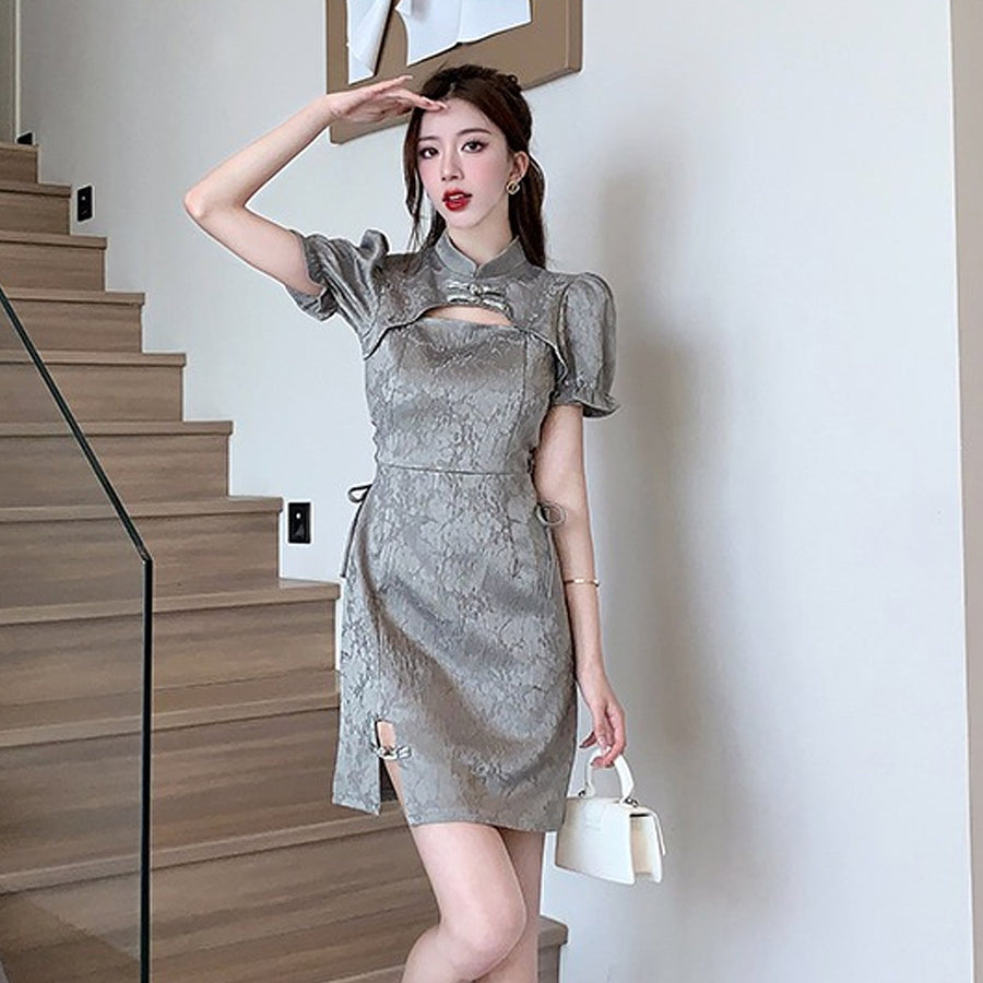 Yomorio Grey Chinese Dresses Cut Out Short Sleeve Slim Fit Cheogsam Dress