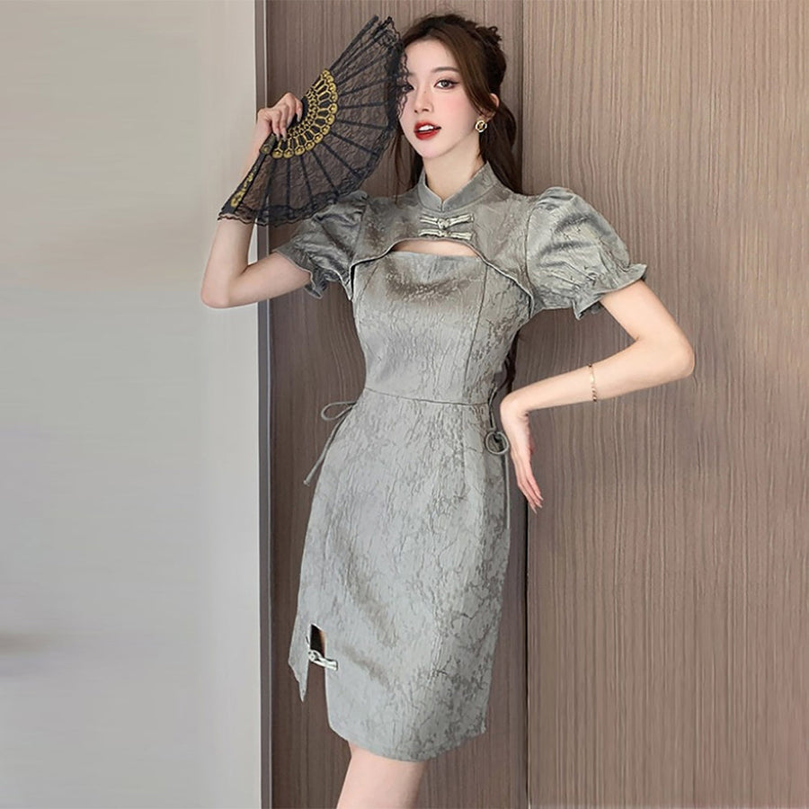 Yomorio Grey Chinese Dresses Cut Out Short Sleeve Slim Fit Cheogsam Dress