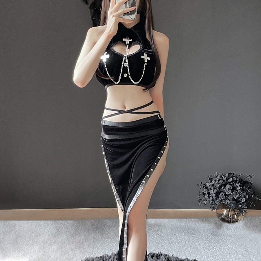 Yomorio High Slit Skirt Set 2 Piece Exotic Devil Cosplay Costume Cut Out Crop Top and Skirt