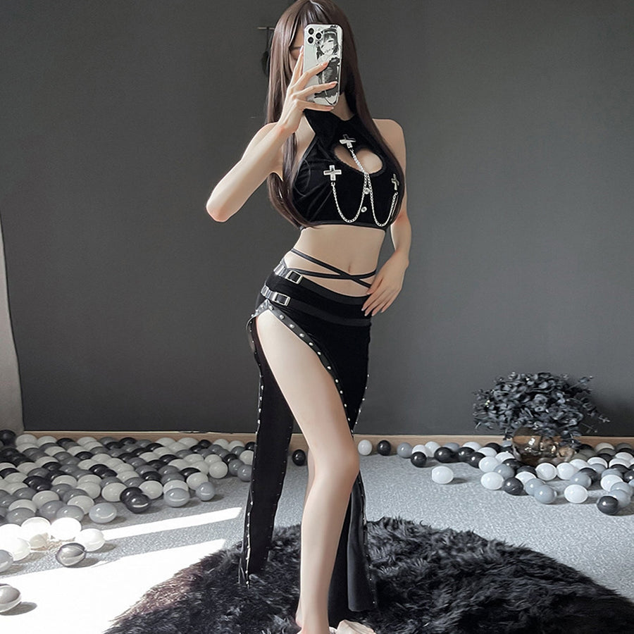 Yomorio High Slit Skirt Set 2 Piece Exotic Devil Cosplay Costume Cut Out Crop Top and Skirt