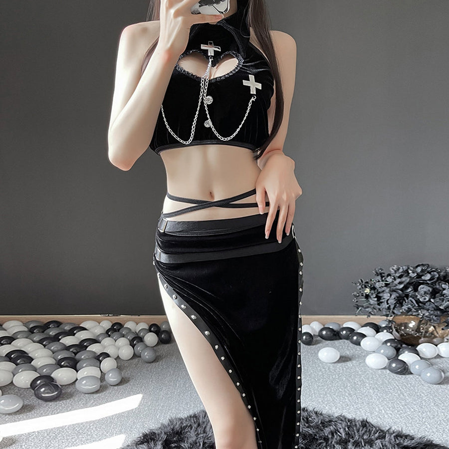 Yomorio High Slit Skirt Set 2 Piece Exotic Devil Cosplay Costume Cut Out Crop Top and Skirt