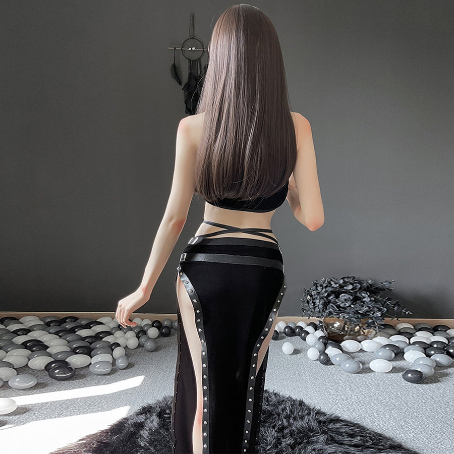 Yomorio High Slit Skirt Set 2 Piece Exotic Devil Cosplay Costume Cut Out Crop Top and Skirt