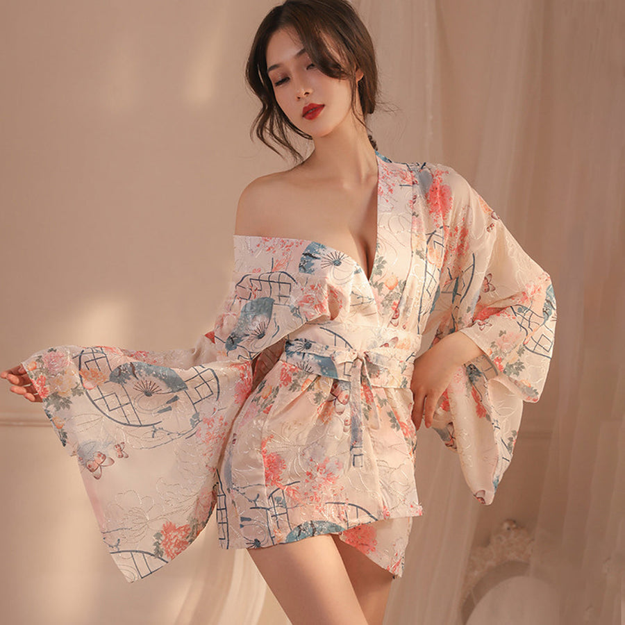 Yomorio Japanese Kimono Robe Geisha Yukata Cosplay Lingerie Floral Patten Sleepwear Set