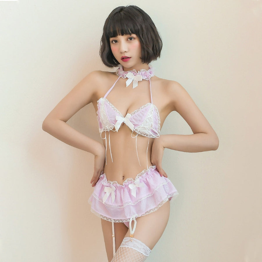 Yomorio Kawaii Lolita Lingerie Costume Lace Ruffle Plaid Garter Set with Choker