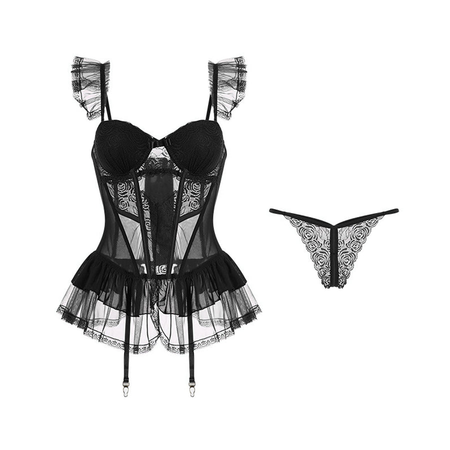 Yomorio Lace Bustier Lingerie Set Black Gothic Corset Dress Lolita Cosplay Babydoll Dresses