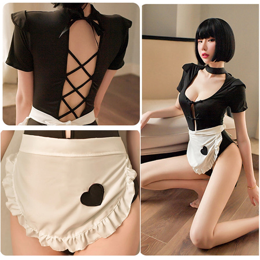 Yomorio Maid Lingerie Sexy Maid Outfit 2 Piece Black Snap Crotch Bodysuit Stripperwear and Maid Apron