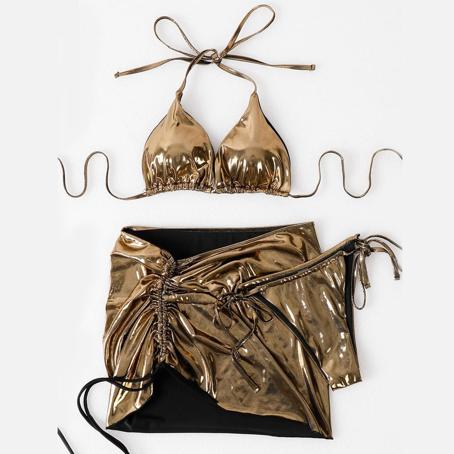 Yomorio Metallic Bikini with Cover-Up Skirt 3 Piece String Bikini Set Tie Side Swimsuit for Women
