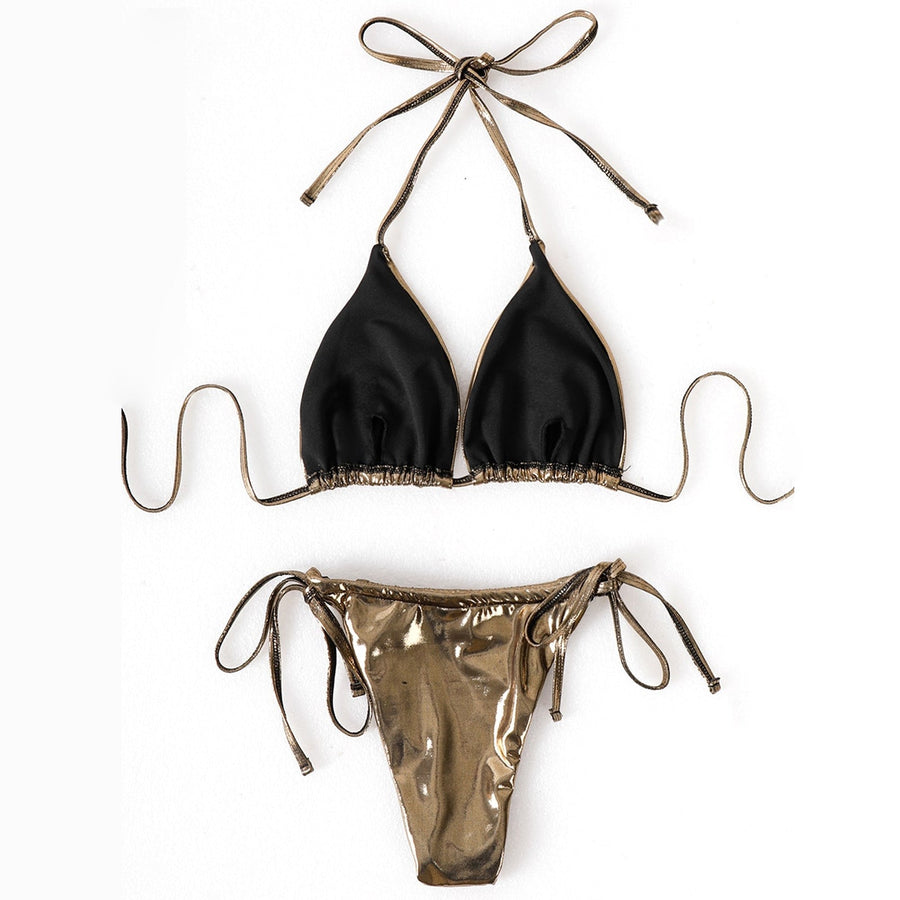Yomorio Metallic Bikini with Cover-Up Skirt 3 Piece String Bikini Set Tie Side Swimsuit for Women