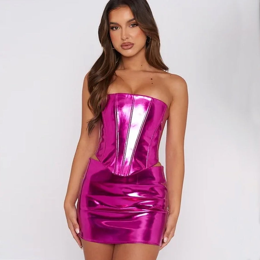 Yomorio Metallic Faux Leather Skirt Set Two Piece Shiny Strapless Corset Top and Mini Skirt