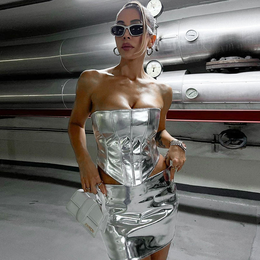 Yomorio Metallic Faux Leather Skirt Set Two Piece Shiny Strapless Corset Top and Mini Skirt