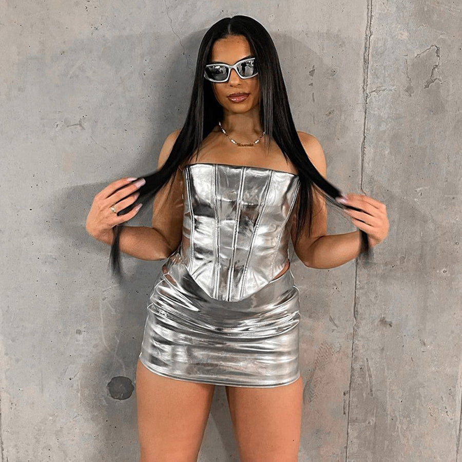 Yomorio Metallic Faux Leather Skirt Set Two Piece Shiny Strapless Corset Top and Mini Skirt