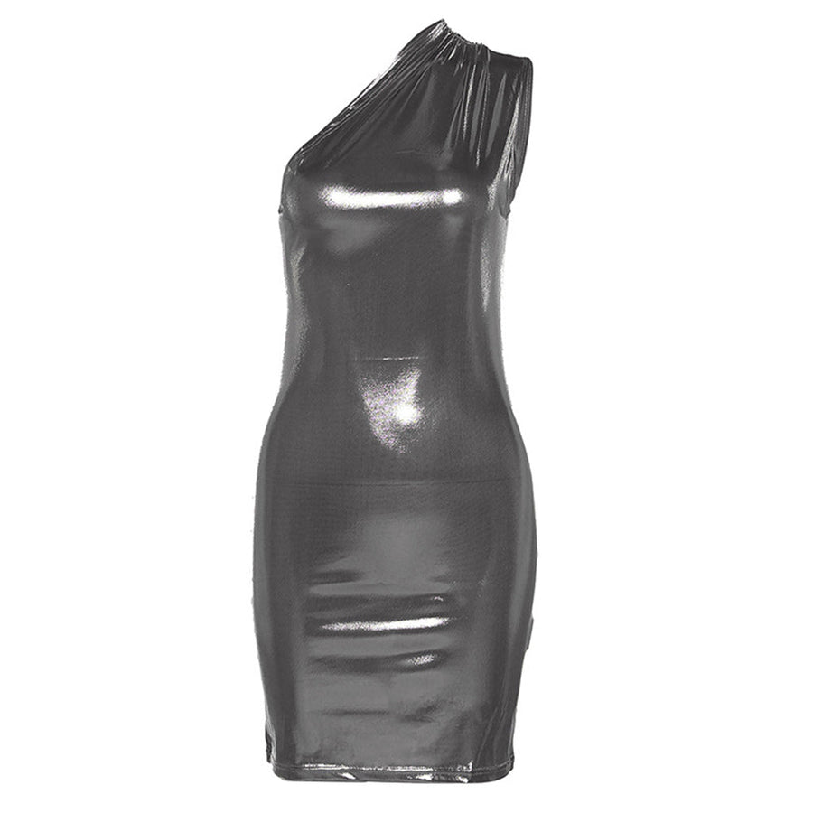 Yomorio Metallic Mini Dress One Shoulder Sleeveless Bodycon Dress Shiny Cocktail Party Dress