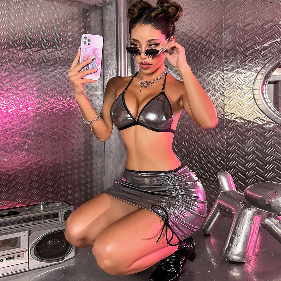 Yomorio Metallic Skirt Set Halter Backless Bra Top and Ruched Drawstring Mini Skirt
